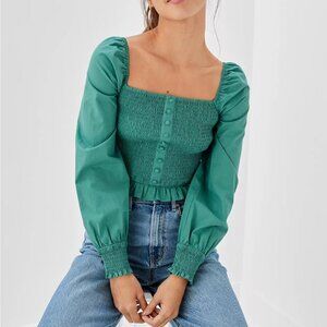American Eagle Outfitter Green St Patrick Day Smocked Fairycore Long Sleeve Top
